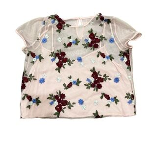 Hollister Woman’s Pink Mesh Crop Top with Red & Blue Floral Embroidery Large